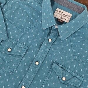 Cody James Men's Short Sleeve Pearl Snap Butt‎ On Geometric Blue Aqua Sz L